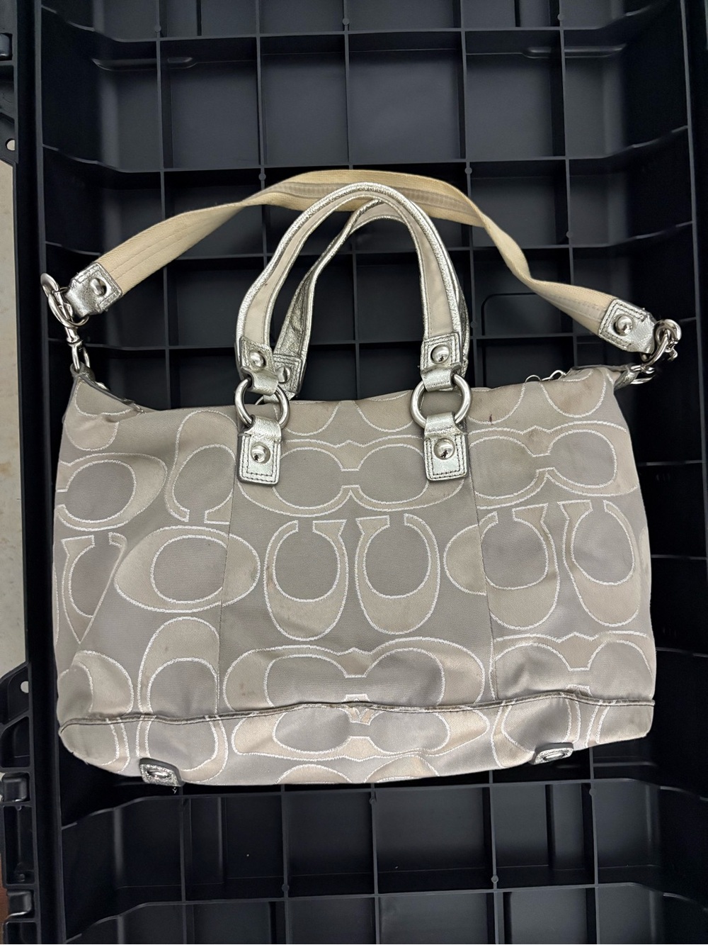 Coach Silver Metallic & Beige Signature Jacquard Shoulder Tote Silver Hardware